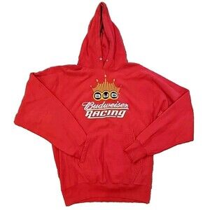 Vintage Budweiser Sweatshirt Mens Med Red Hoodie Racing Beer Bar Party Sweater